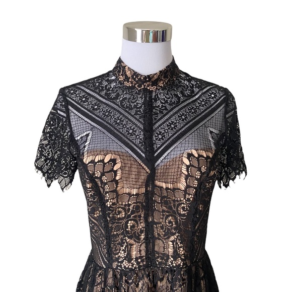 Lulu’s Ryse the Label Katie Black and Nude Lace Short Sleeve Skater Dress - Picture 6 of 15